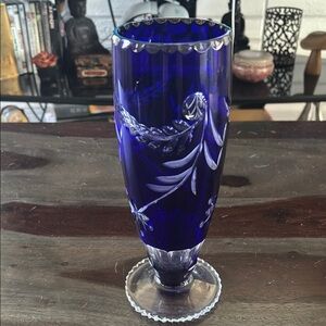 Cobalt blue cut crystal vase by Design guild 9.0”